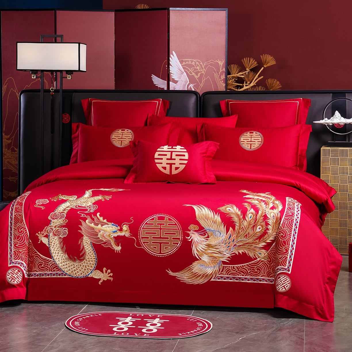 91家纺网 家纺一手货源 找家纺 置顶家纺 2025新款新中式婚庆亲肤棉绣花四件套 龙凤祥瑞-金大红