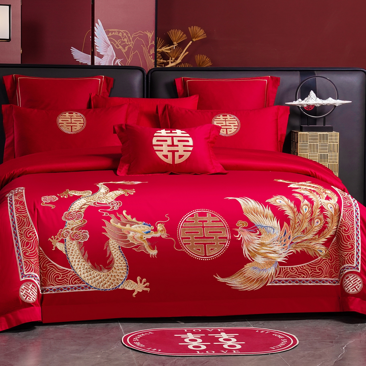 91家纺网 家纺一手货源 找家纺 置顶家纺 2025新款新中式婚庆亲肤棉绣花四件套 龙凤祥瑞-金大红