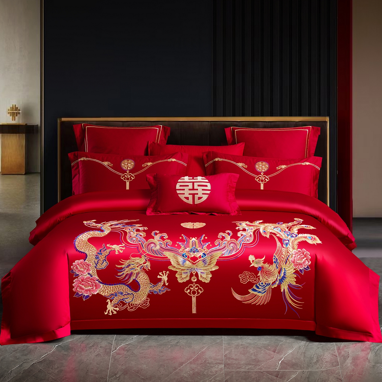 置顶家纺 2025新款新中式婚庆亲肤棉绣花四件套 贺喜龙凤-大红