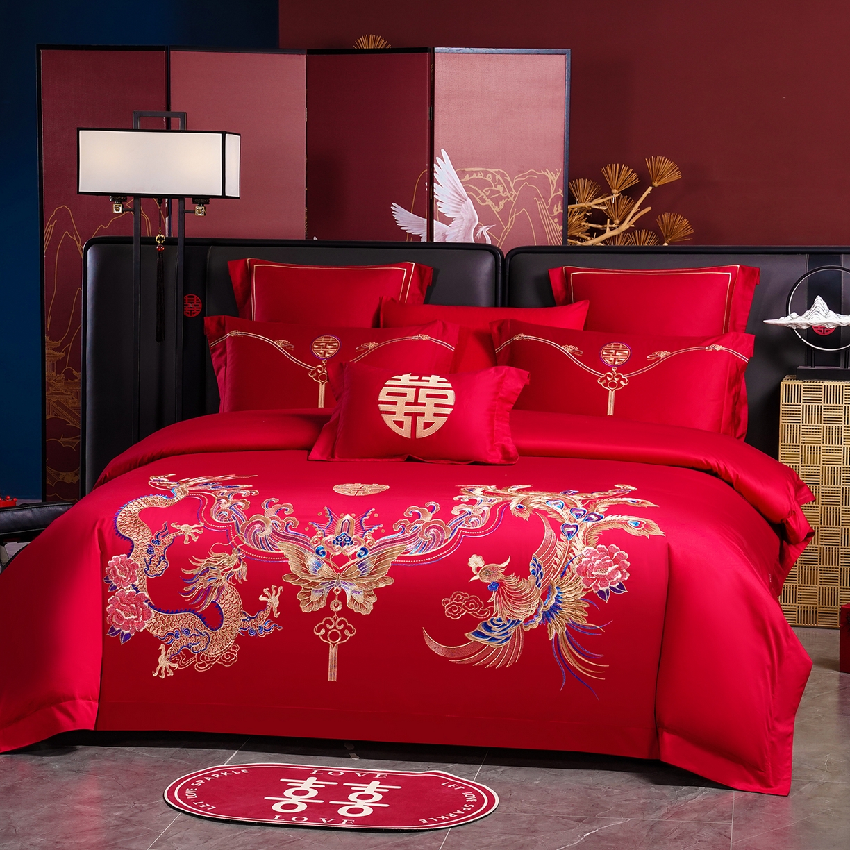 91家纺网 家纺一手货源 找家纺 置顶家纺 2025新款新中式婚庆亲肤棉绣花四件套 贺喜龙凤-大红