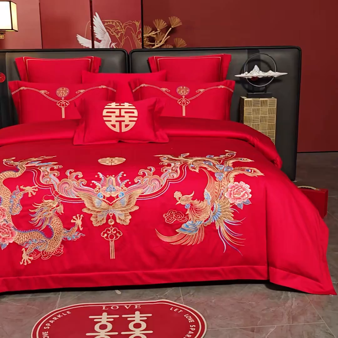 91家纺网 家纺一手货源 找家纺 置顶家纺 2025新款新中式婚庆亲肤棉绣花四件套 贺喜龙凤-大红