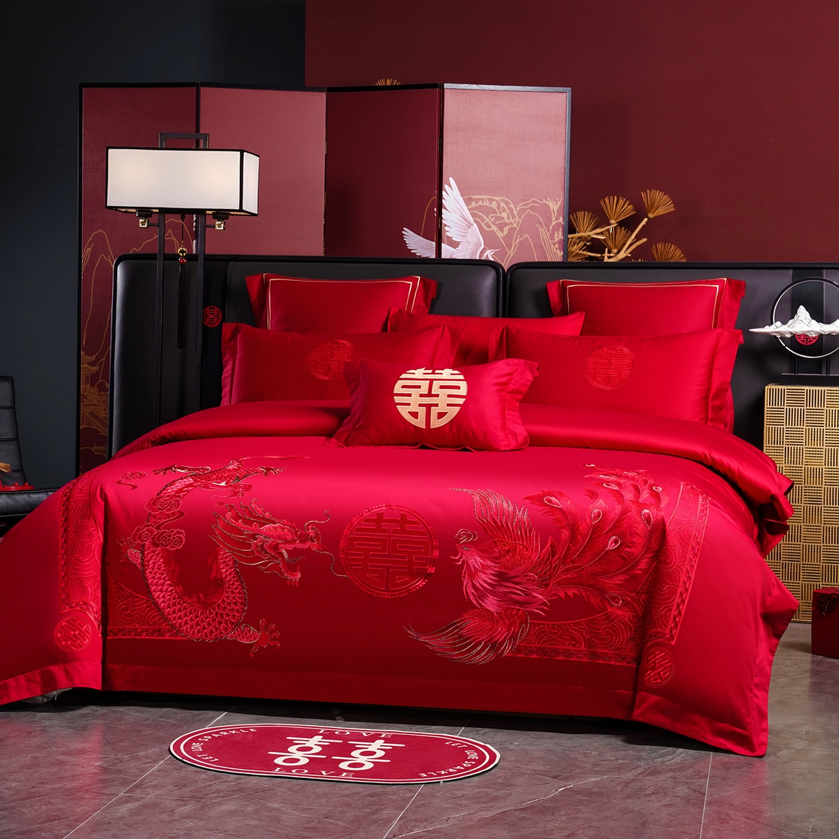 91家纺网 家纺一手货源 找家纺 置顶家纺 2025新款新中式婚庆亲肤棉绣花四件套 金龙瑞凤-大红