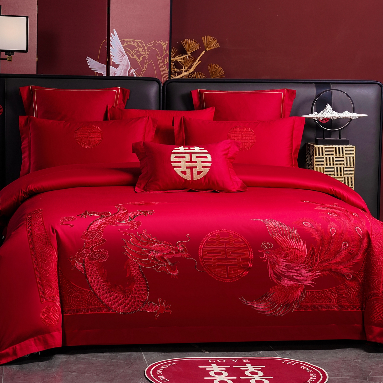 91家纺网 家纺一手货源 找家纺 置顶家纺 2025新款新中式婚庆亲肤棉绣花四件套 金龙瑞凤-大红