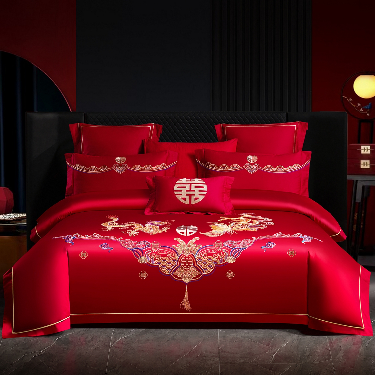 置顶家纺 2025新款新中式婚庆亲肤棉绣花四件套 金龙瑞凤-金大红