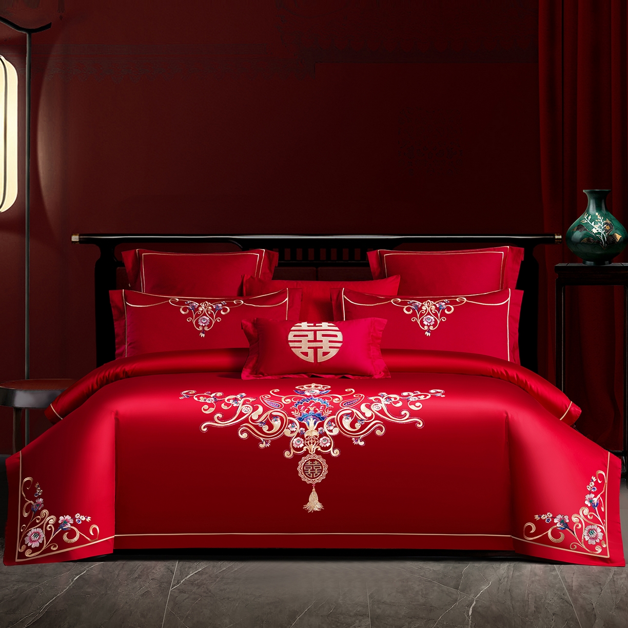 置顶家纺 2025新款新中式婚庆亲肤棉绣花四件套 良辰-大红
