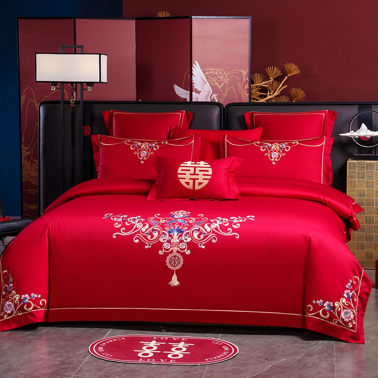 91家纺网 家纺一手货源 找家纺 置顶家纺 2025新款新中式婚庆亲肤棉绣花四件套 良辰-大红