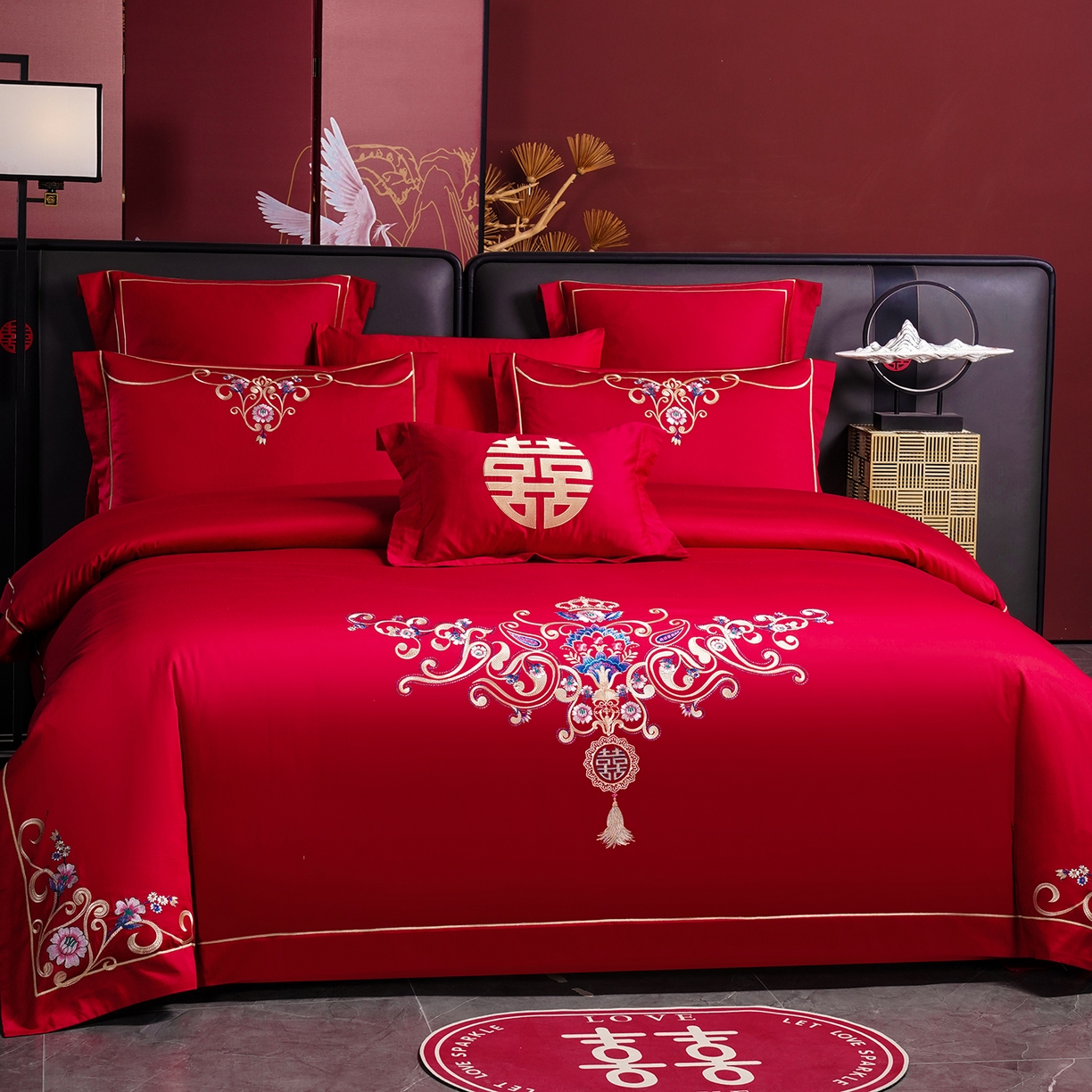 91家纺网 家纺一手货源 找家纺 置顶家纺 2025新款新中式婚庆亲肤棉绣花四件套 良辰-大红