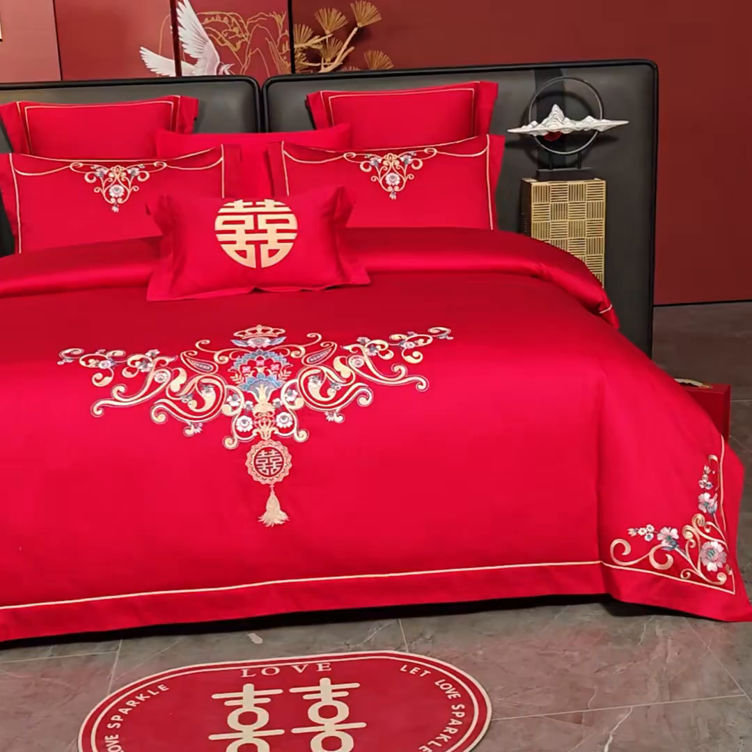91家纺网 家纺一手货源 找家纺 置顶家纺 2025新款新中式婚庆亲肤棉绣花四件套 良辰-大红