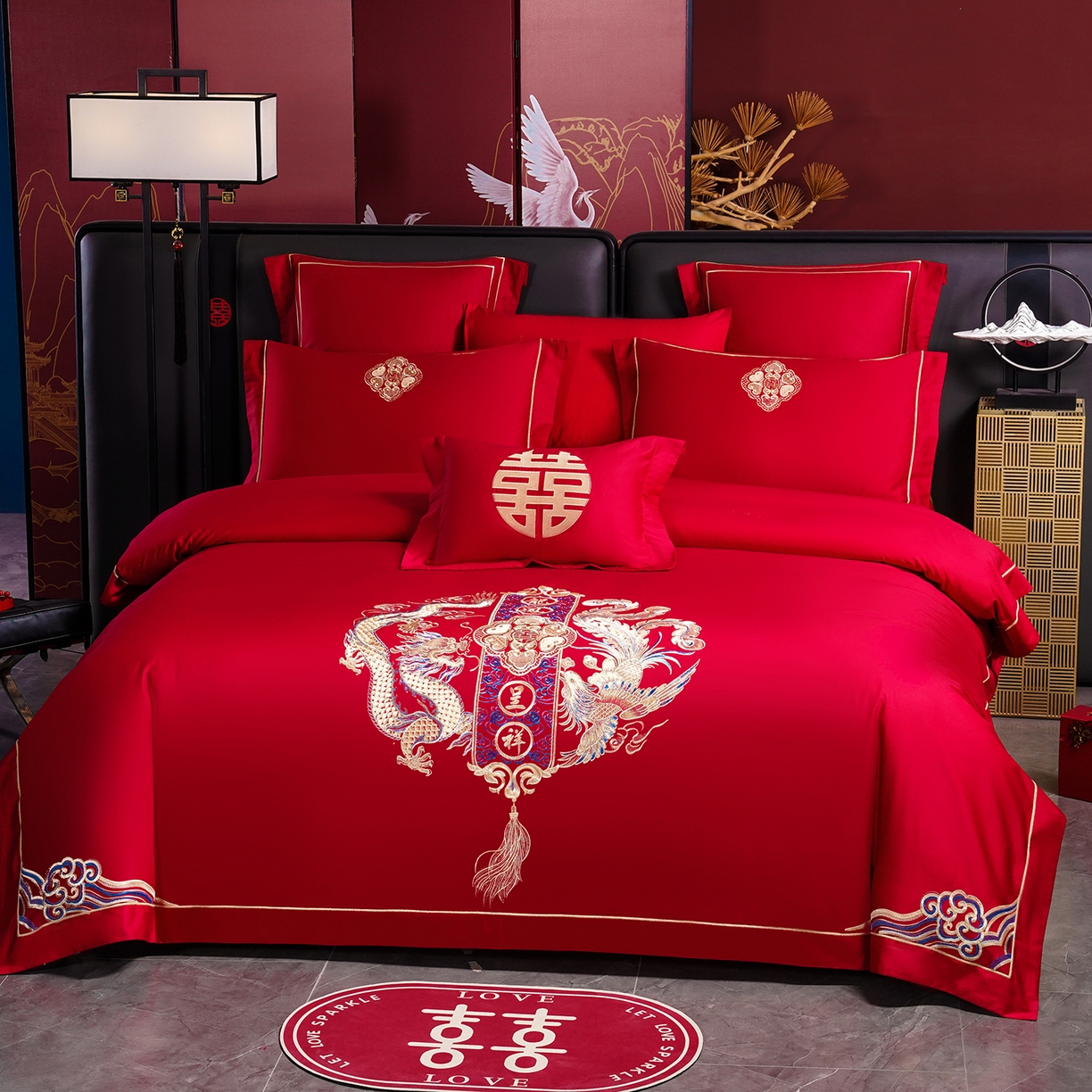 91家纺网 家纺一手货源 找家纺 置顶家纺 2025新款新中式婚庆亲肤棉绣花四件套 龙凤喜事-大红