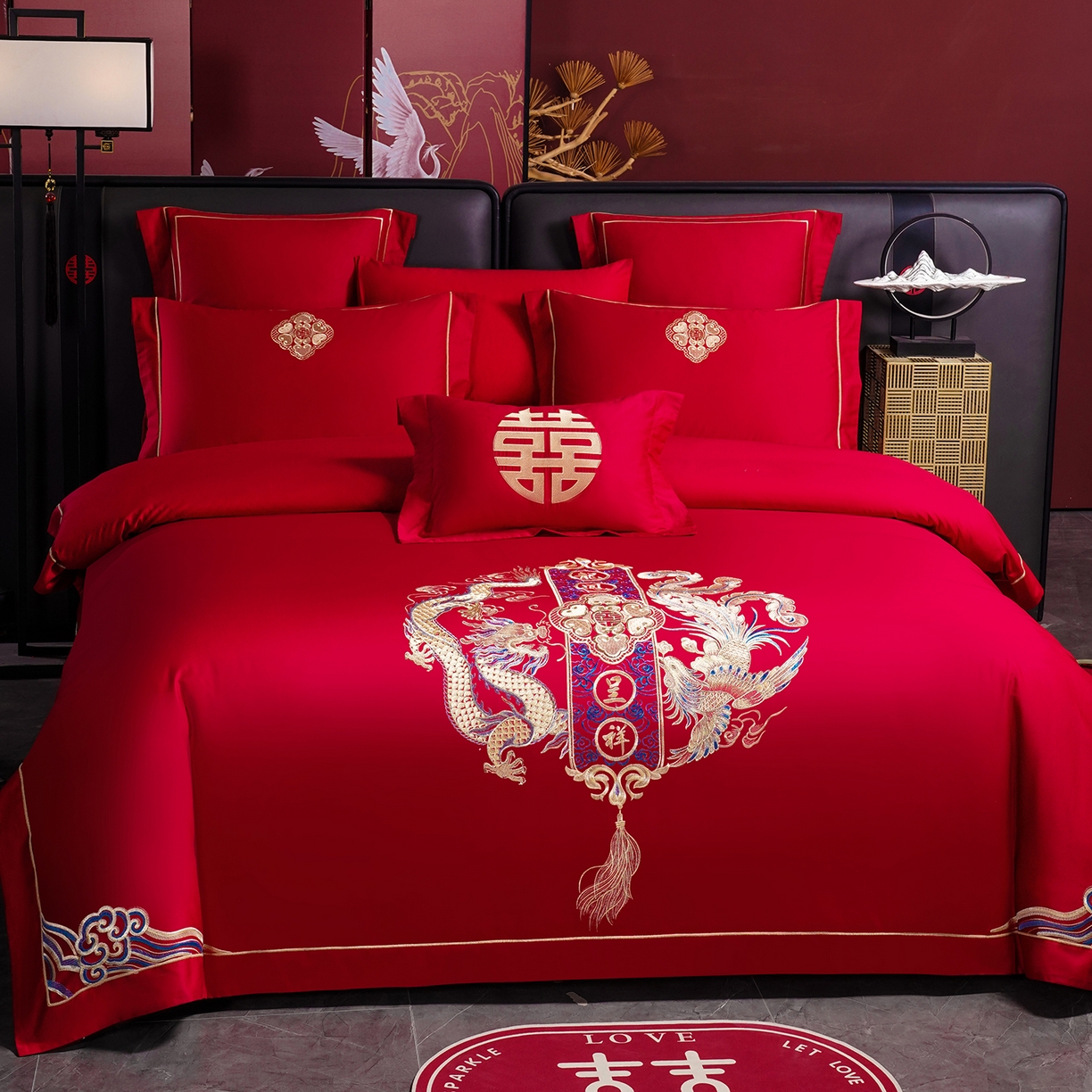 91家纺网 家纺一手货源 找家纺 置顶家纺 2025新款新中式婚庆亲肤棉绣花四件套 龙凤喜事-大红