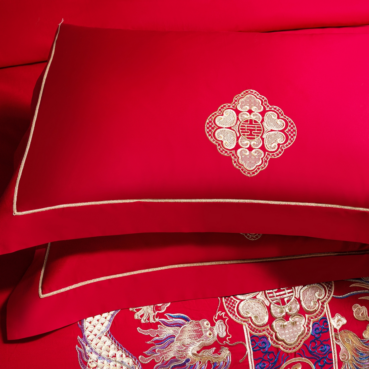 91家纺网 家纺一手货源 找家纺 置顶家纺 2025新款新中式婚庆亲肤棉绣花四件套 龙凤喜事-大红