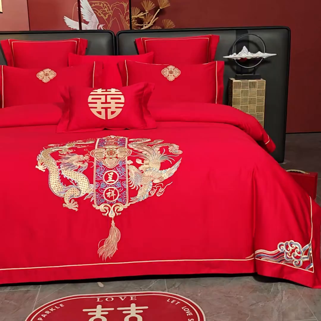 91家纺网 家纺一手货源 找家纺 置顶家纺 2025新款新中式婚庆亲肤棉绣花四件套 龙凤喜事-大红
