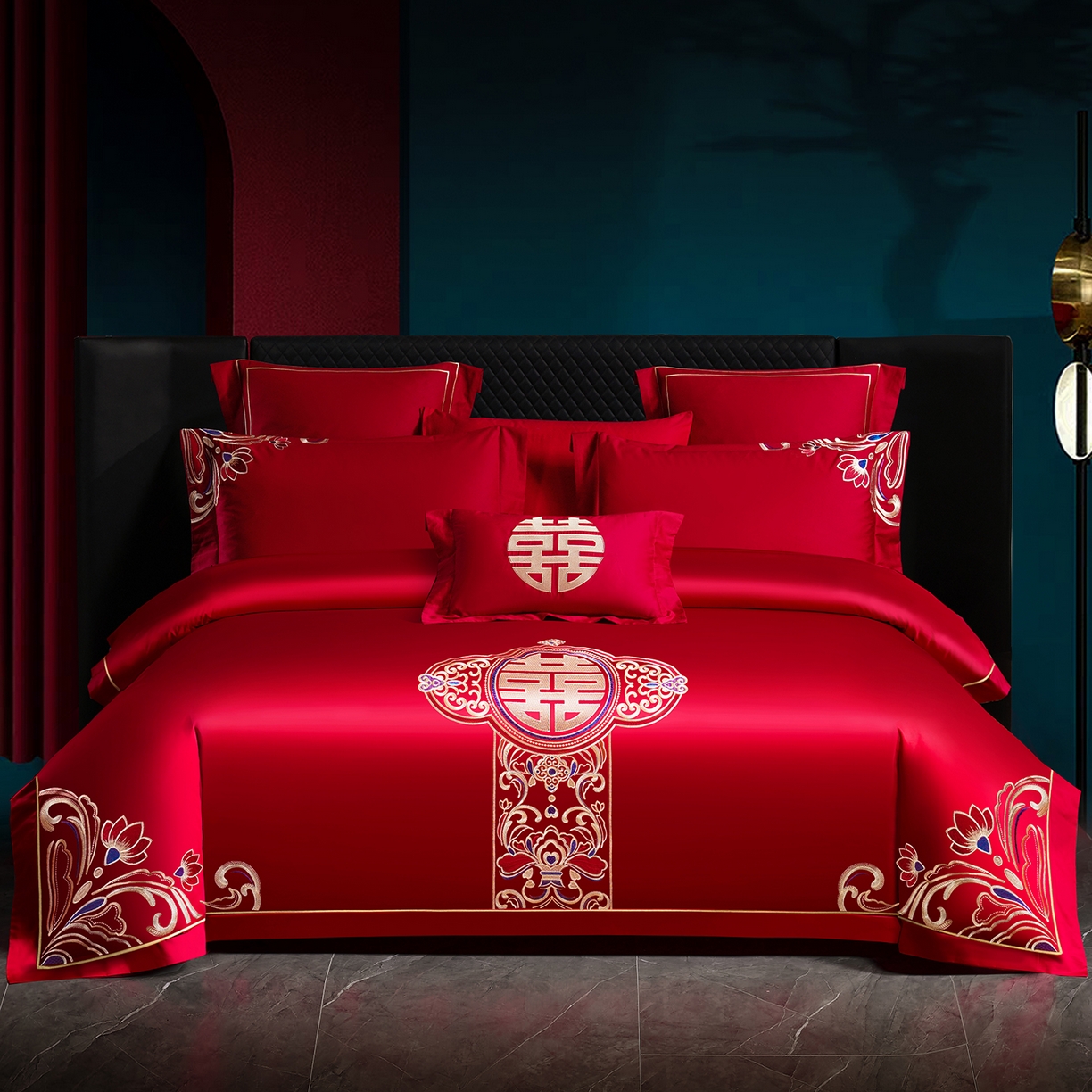 置顶家纺 2025新款新中式婚庆亲肤棉绣花四件套 新婚富贵-大红