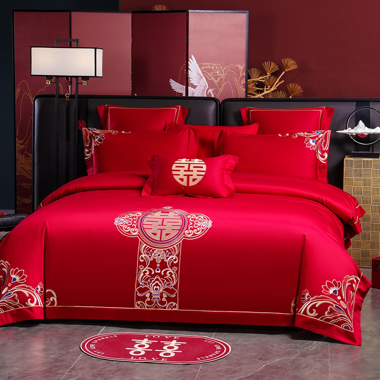 91家纺网 家纺一手货源 找家纺 置顶家纺 2025新款新中式婚庆亲肤棉绣花四件套 新婚富贵-大红