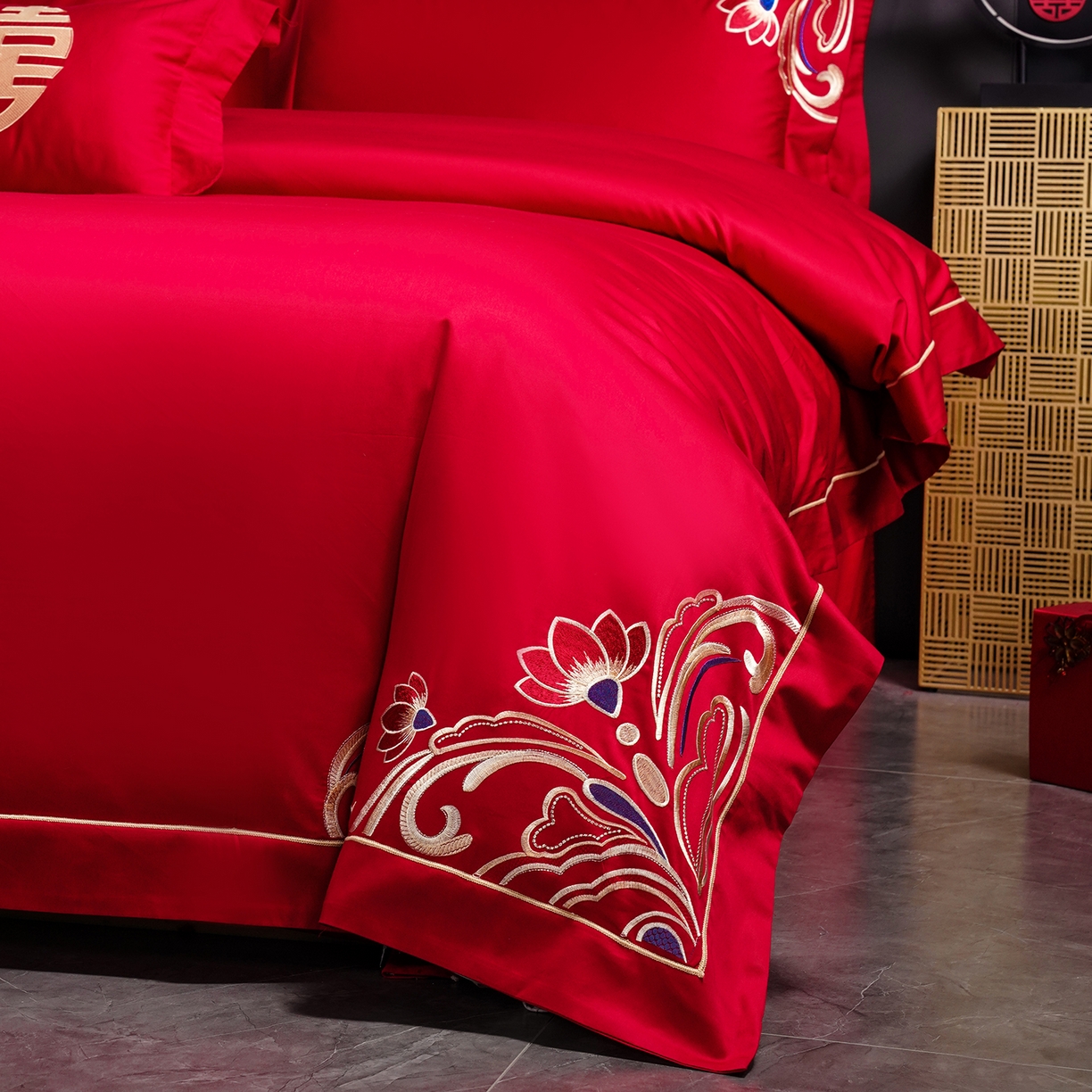 91家纺网 家纺一手货源 找家纺 置顶家纺 2025新款新中式婚庆亲肤棉绣花四件套 新婚富贵-大红