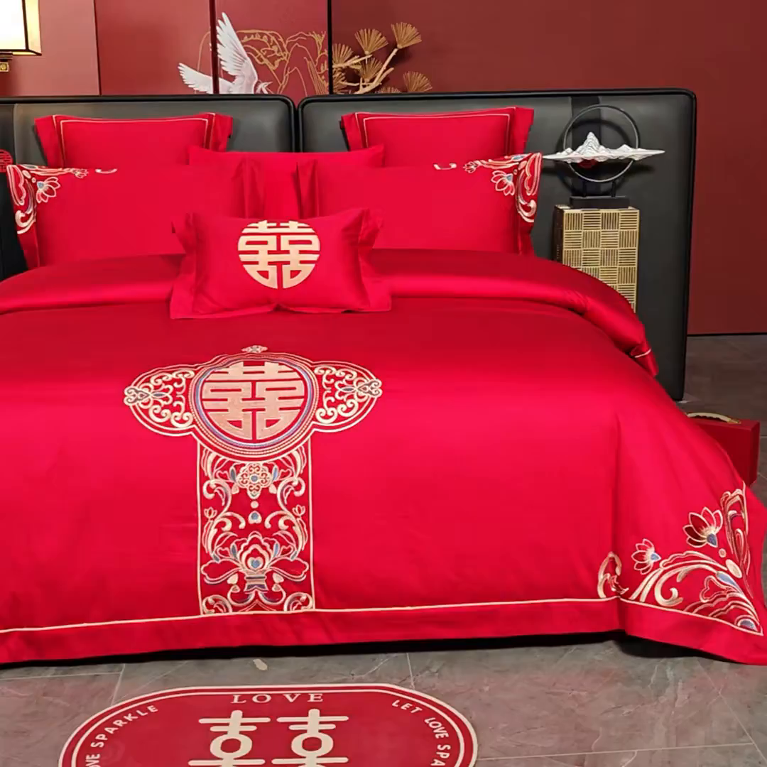 91家纺网 家纺一手货源 找家纺 置顶家纺 2025新款新中式婚庆亲肤棉绣花四件套 新婚富贵-大红