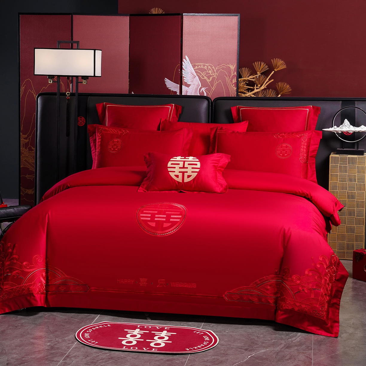 91家纺网 家纺一手货源 找家纺 置顶家纺 2025新款新中式婚庆亲肤棉绣花四件套 新婚喜乐-大红