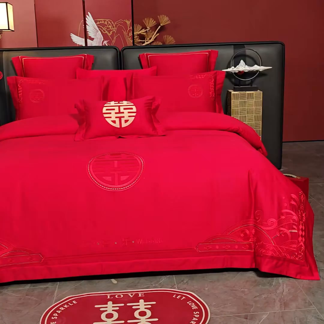 91家纺网 家纺一手货源 找家纺 置顶家纺 2025新款新中式婚庆亲肤棉绣花四件套 新婚喜乐-大红