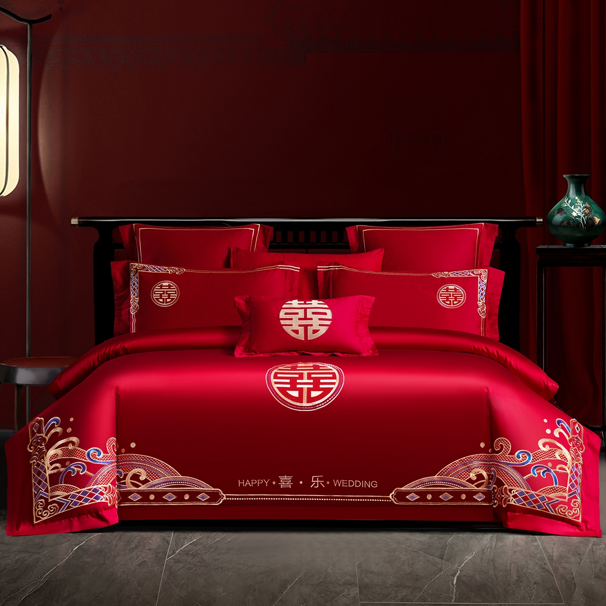 置顶家纺 2025新款新中式婚庆亲肤棉绣花四件套 新婚喜乐-金大红