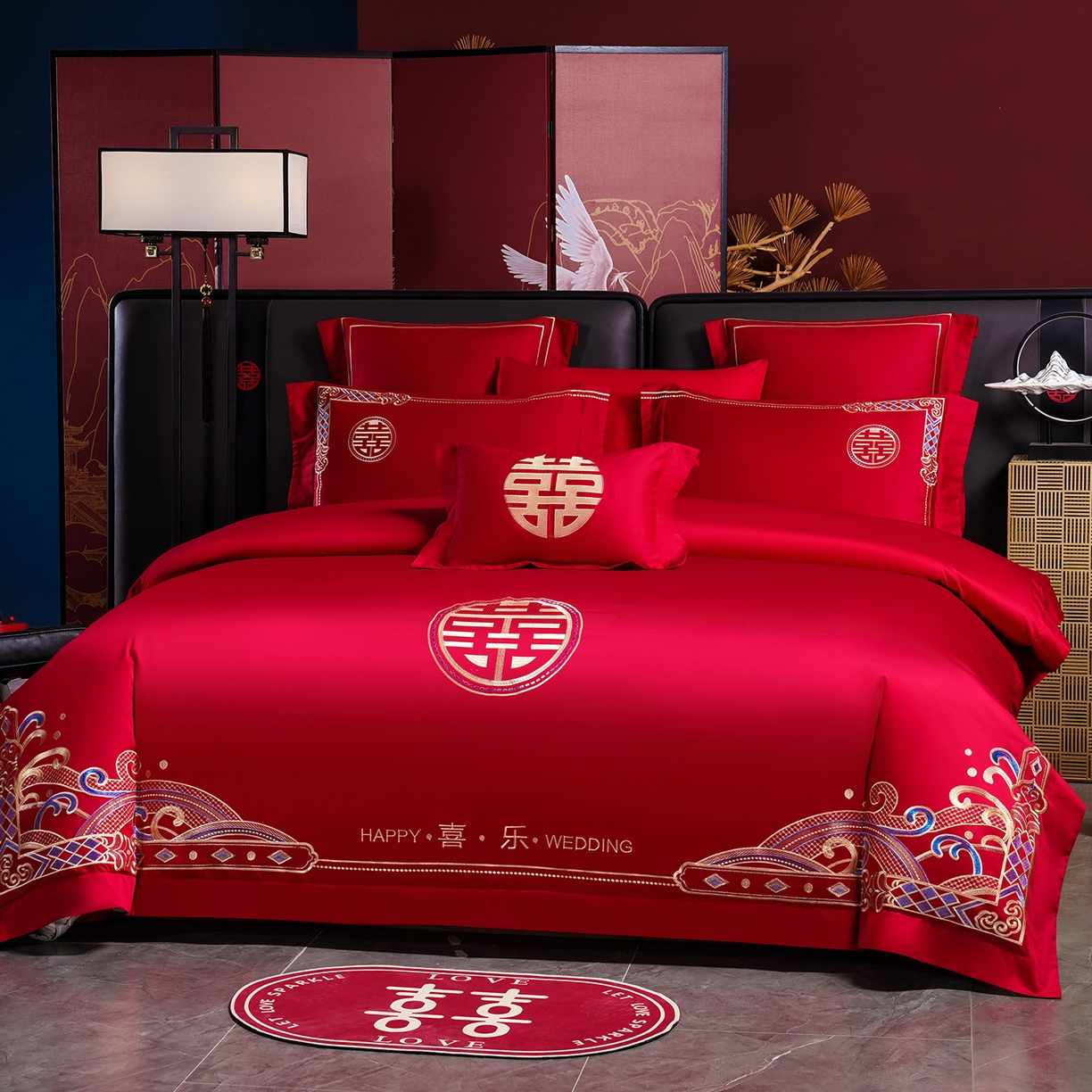 91家纺网 家纺一手货源 找家纺 置顶家纺 2025新款新中式婚庆亲肤棉绣花四件套 新婚喜乐-金大红