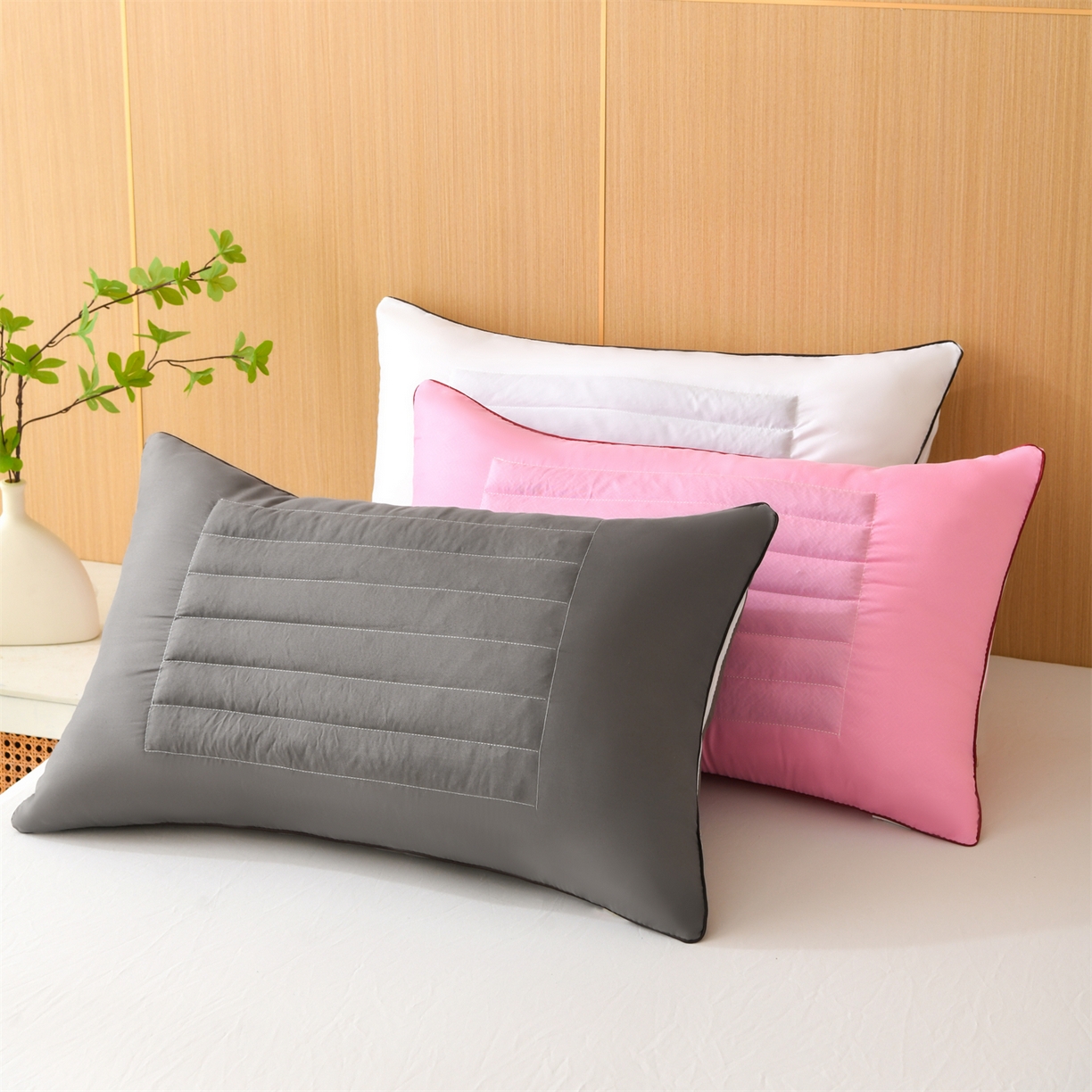 91家纺网 家纺一手货源 找家纺 仁宇枕业 2025新款新品白色灰色粉色荞麦两用枕头枕芯 组合图