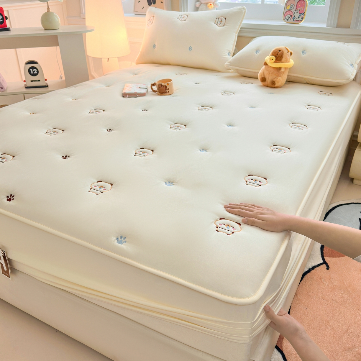 糯米猪家纺 2025新款A类卡皮巴拉全棉夹棉床笠 卡皮巴拉-米色