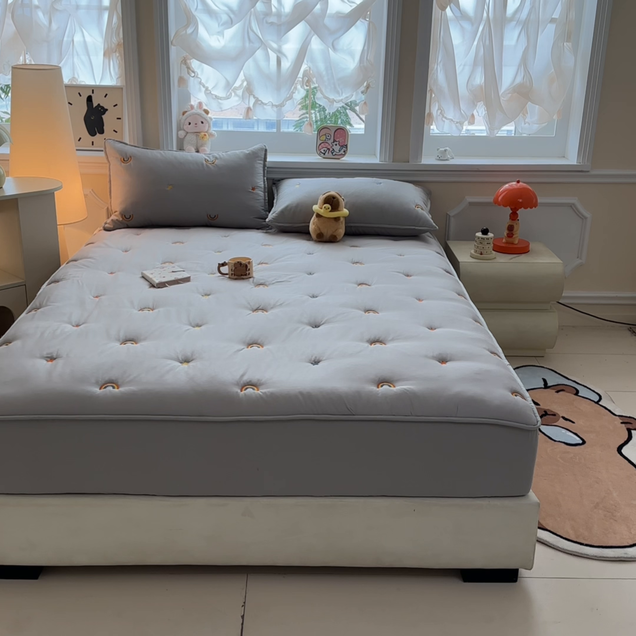 91家纺网 家纺一手货源 找家纺 糯米猪家纺 2025新款全棉纯棉彩虹刺绣款床笠单品床笠床笠单件 彩虹-灰