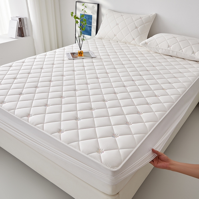 91家纺网 家纺一手货源 找家纺 红淳家纺 2025新款全棉刺绣蝴蝶款防水床笠单品床笠床笠单件 刺绣蝴蝶款-奶白