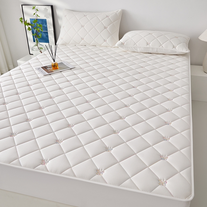 91家纺网 家纺一手货源 找家纺 红淳家纺 2025新款全棉刺绣蝴蝶款防水床笠单品床笠床笠单件 刺绣蝴蝶款-奶白