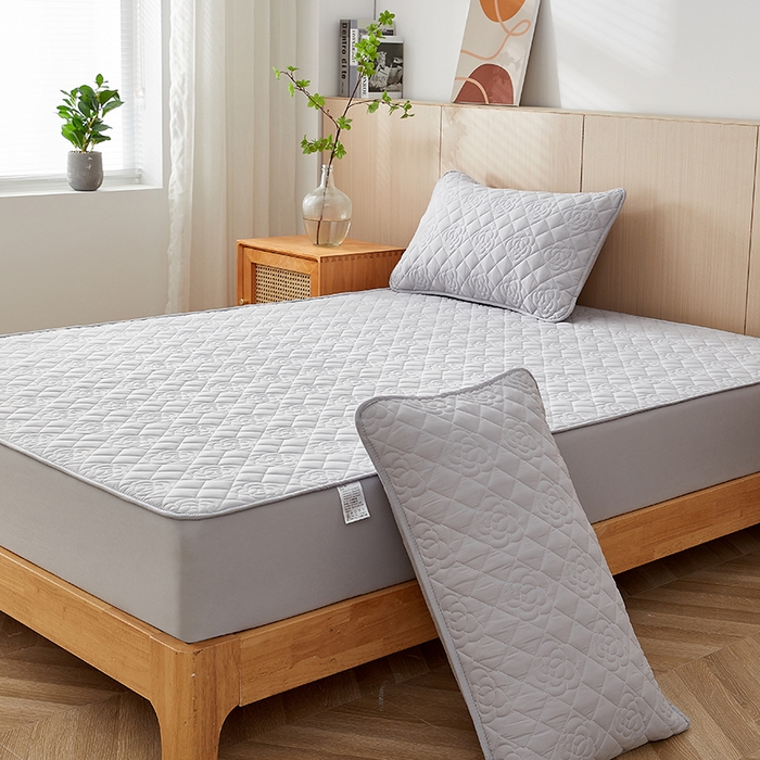 91家纺网 家纺一手货源 找家纺 红淳家纺 2025新款山茶花款防水夹棉床笠单品床笠床笠单件 山茶花-浅灰