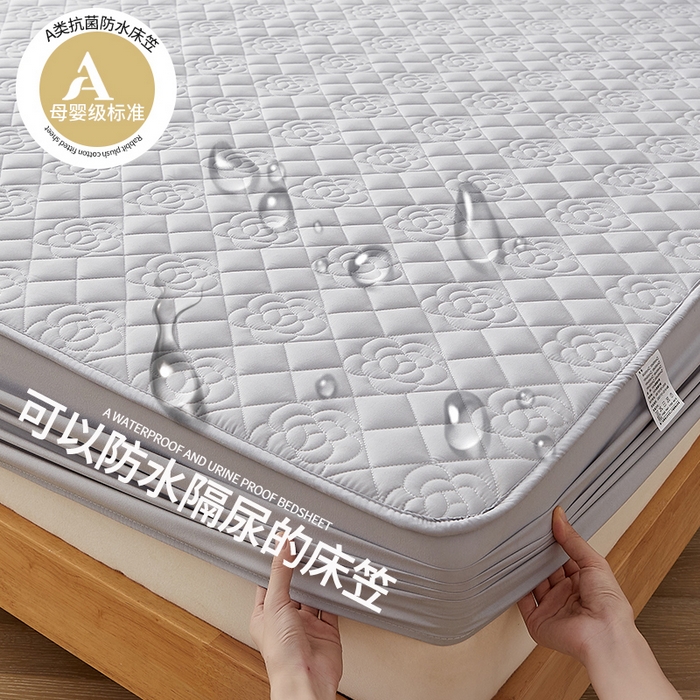 91家纺网 家纺一手货源 找家纺 红淳家纺 2025新款山茶花款防水夹棉床笠单品床笠床笠单件 山茶花-浅灰