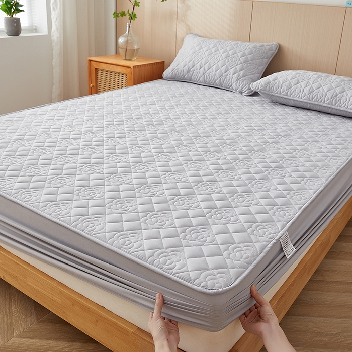 红淳家纺 2025新款山茶花款防水夹棉床笠单品床笠床笠单件 山茶花-浅灰