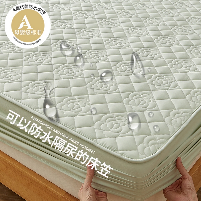 91家纺网 家纺一手货源 找家纺 红淳家纺 2025新款山茶花款防水夹棉床笠单品床笠床笠单件 山茶花-水绿