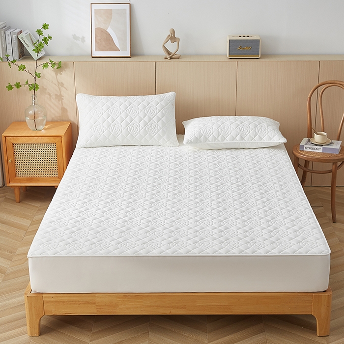 91家纺网 家纺一手货源 找家纺 红淳家纺 2025新款山茶花款防水夹棉床笠单品床笠床笠单件 山茶花-奶白