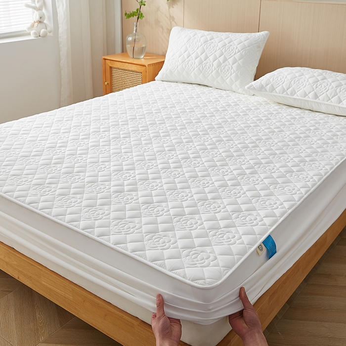 红淳家纺 2025新款山茶花款防水夹棉床笠单品床笠床笠单件 山茶花-奶白