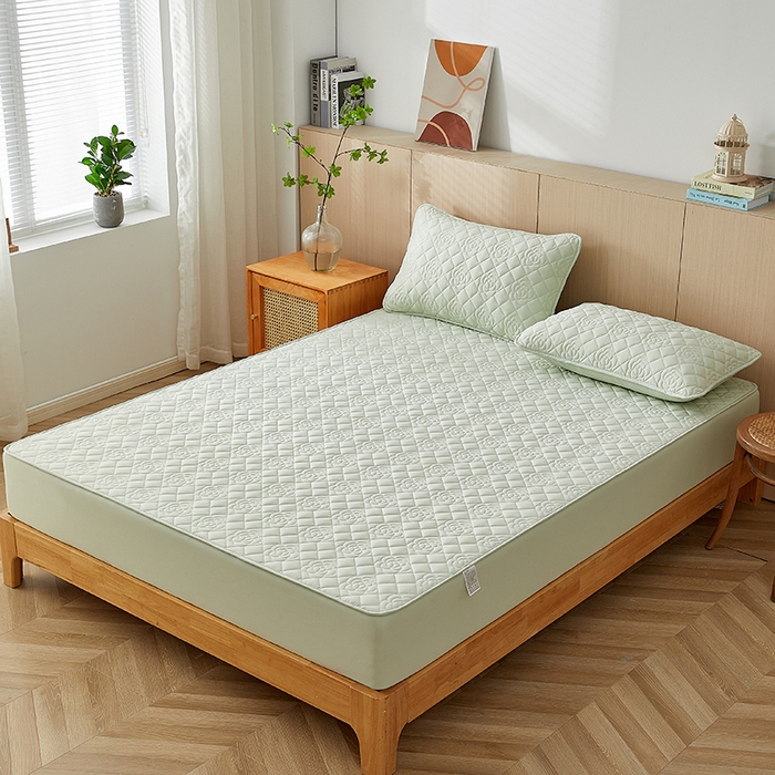 91家纺网 家纺一手货源 找家纺 红淳家纺 2025新款山茶花款防水夹棉床笠单品床笠床笠单件 山茶花-水绿