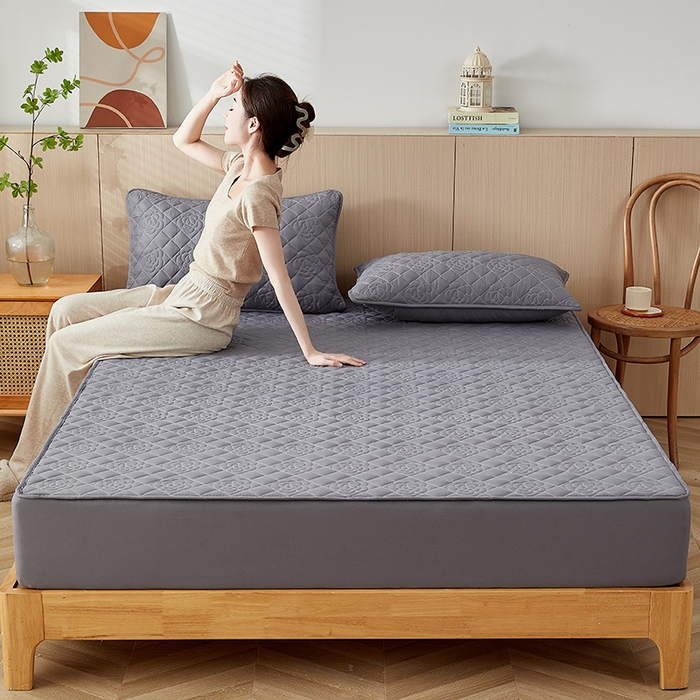 91家纺网 家纺一手货源 找家纺 红淳家纺 2025新款山茶花款防水夹棉床笠单品床笠床笠单件 山茶花-深灰