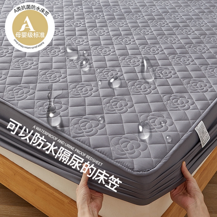 91家纺网 家纺一手货源 找家纺 红淳家纺 2025新款山茶花款防水夹棉床笠单品床笠床笠单件 山茶花-深灰