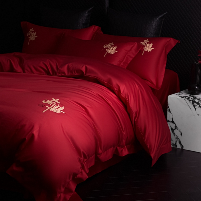 91家纺网 家纺一手货源 找家纺 （总）帝王家纺 2026新款亲肤棉磨毛全刺绣婚庆四件套红色结婚床上用品
