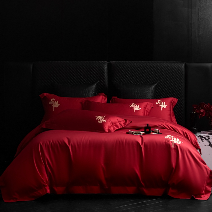 91家纺网 家纺一手货源 找家纺 （总）帝王家纺 2026新款亲肤棉磨毛全刺绣婚庆四件套红色结婚床上用品
