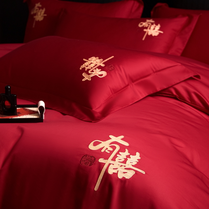 91家纺网 家纺一手货源 找家纺 （总）帝王家纺 2026新款亲肤棉磨毛全刺绣婚庆四件套红色结婚床上用品
