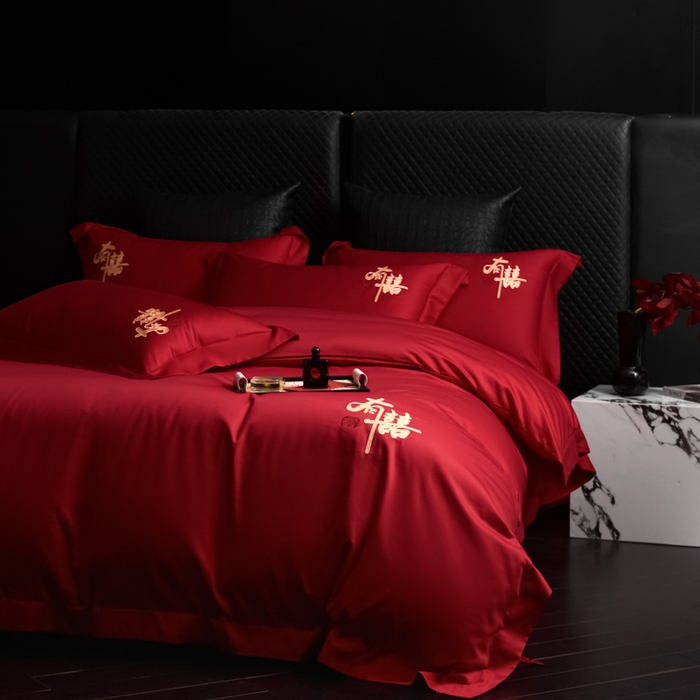 91家纺网 家纺一手货源 找家纺 （总）帝王家纺 2026新款亲肤棉磨毛全刺绣婚庆四件套红色结婚床上用品