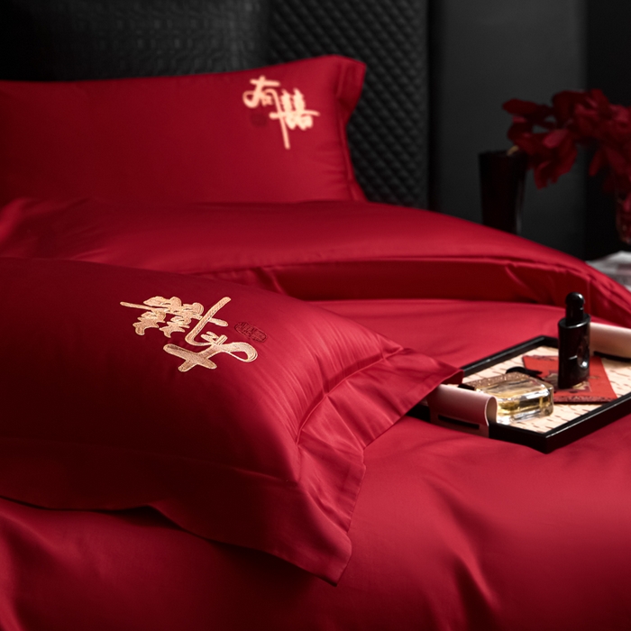 91家纺网 家纺一手货源 找家纺 （总）帝王家纺 2026新款亲肤棉磨毛全刺绣婚庆四件套红色结婚床上用品