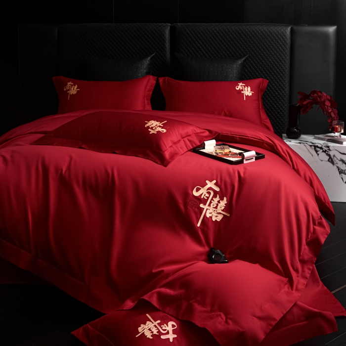 91家纺网 家纺一手货源 找家纺 （总）帝王家纺 2026新款亲肤棉磨毛全刺绣婚庆四件套红色结婚床上用品