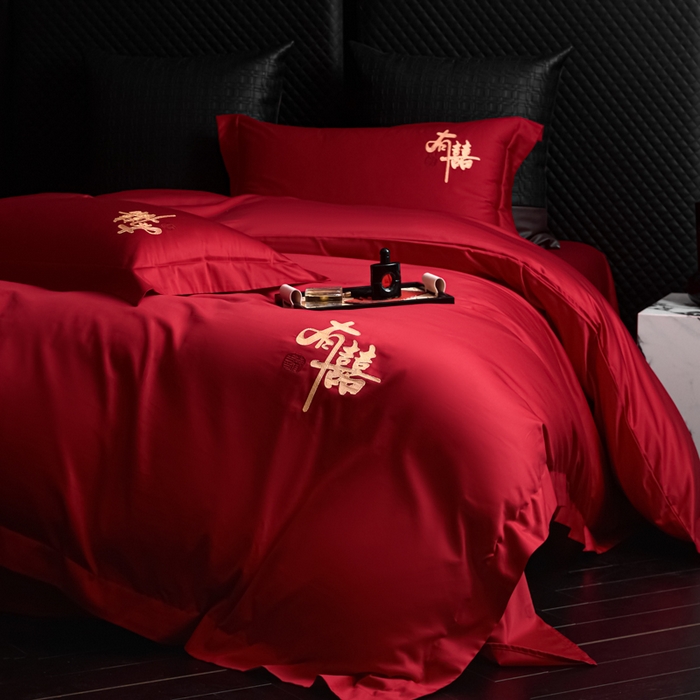 91家纺网 家纺一手货源 找家纺 （总）帝王家纺 2026新款亲肤棉磨毛全刺绣婚庆四件套红色结婚床上用品