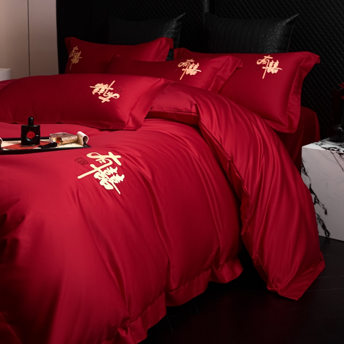 91家纺网 家纺一手货源 找家纺 （总）帝王家纺 2026新款亲肤棉磨毛全刺绣婚庆四件套红色结婚床上用品