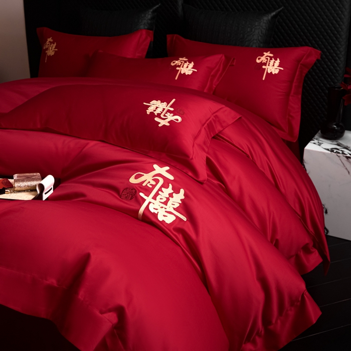 91家纺网 家纺一手货源 找家纺 （总）帝王家纺 2026新款亲肤棉磨毛全刺绣婚庆四件套红色结婚床上用品
