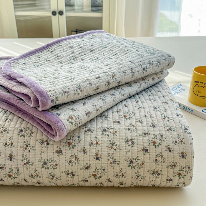 床盖工厂店 2025新款全棉纯棉纱布加宝宝绒填充棉花床盖三件套 杜桑花园-灰