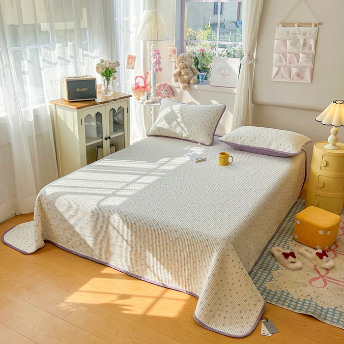 91家纺网 家纺一手货源 找家纺 床盖工厂店 2025新款全棉纯棉纱布加宝宝绒填充棉花床盖三件套 小苍兰