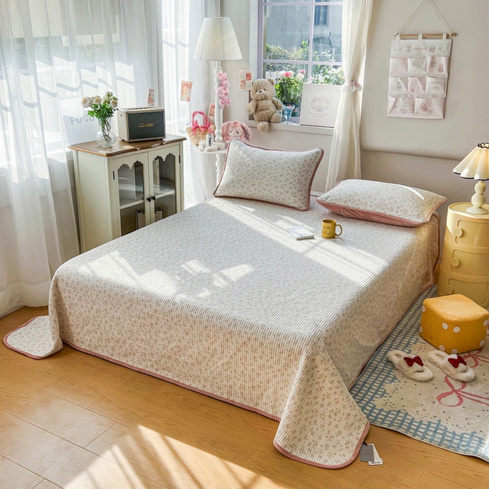 91家纺网 家纺一手货源 找家纺 床盖工厂店 2025新款全棉纯棉纱布加宝宝绒填充棉花床盖三件套 浅夏-米